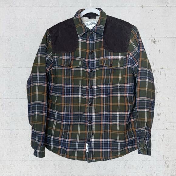 Field & Stream Men’s M Sherpa Lined Green Plaid Corduroy Flannel Shirt Jacket - Picture 2 of 12